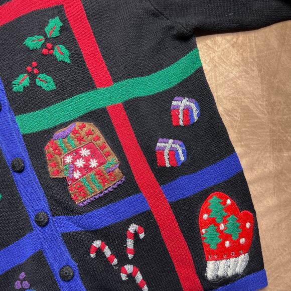 Vintage 90s Paul Harris Design Embroidered Patchwork Christmas Holiday Cardigan - Picture 3 of 8